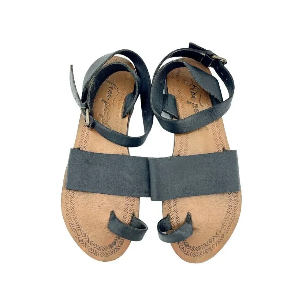 Free People Torrence Black Leather Flat Sandals Leather Straps Sz 40